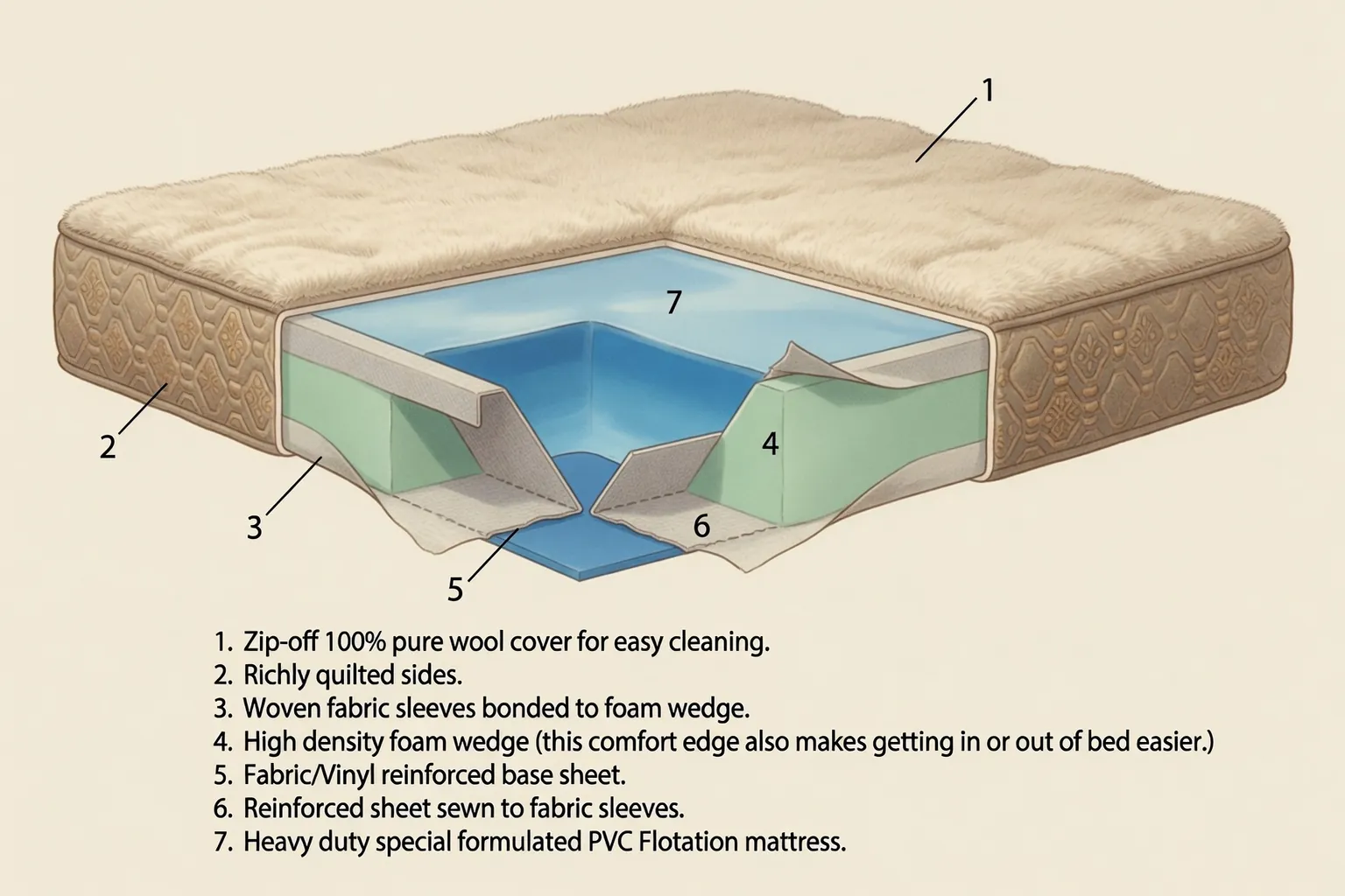 Cutaway diagram of a soft-sided waterbed showing wool cover, foam wedges, reinforced base, and PVC flotation mattress
