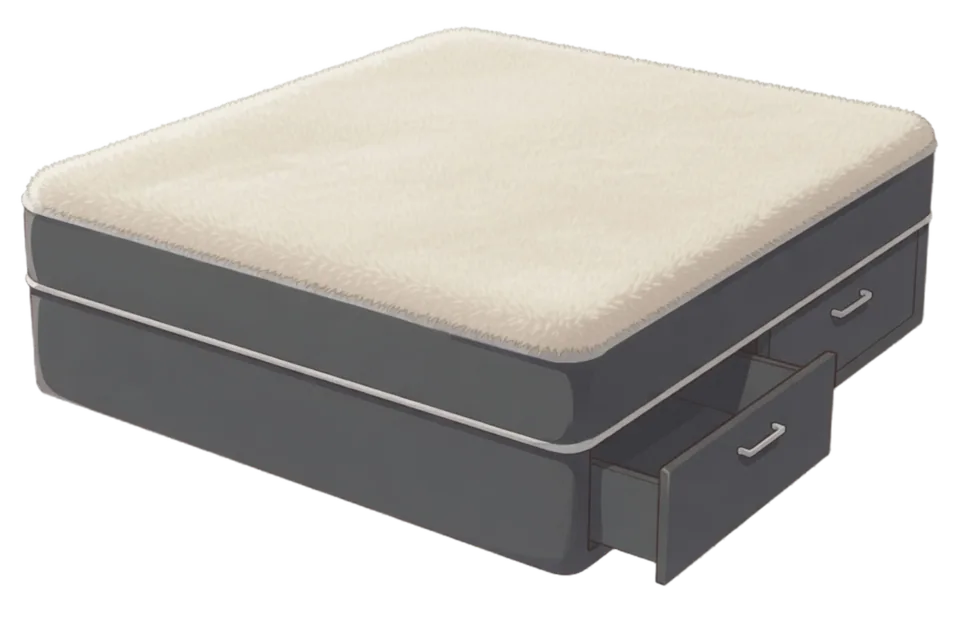 Illustrated soft-sided waterbed with cream wool top and storage drawers